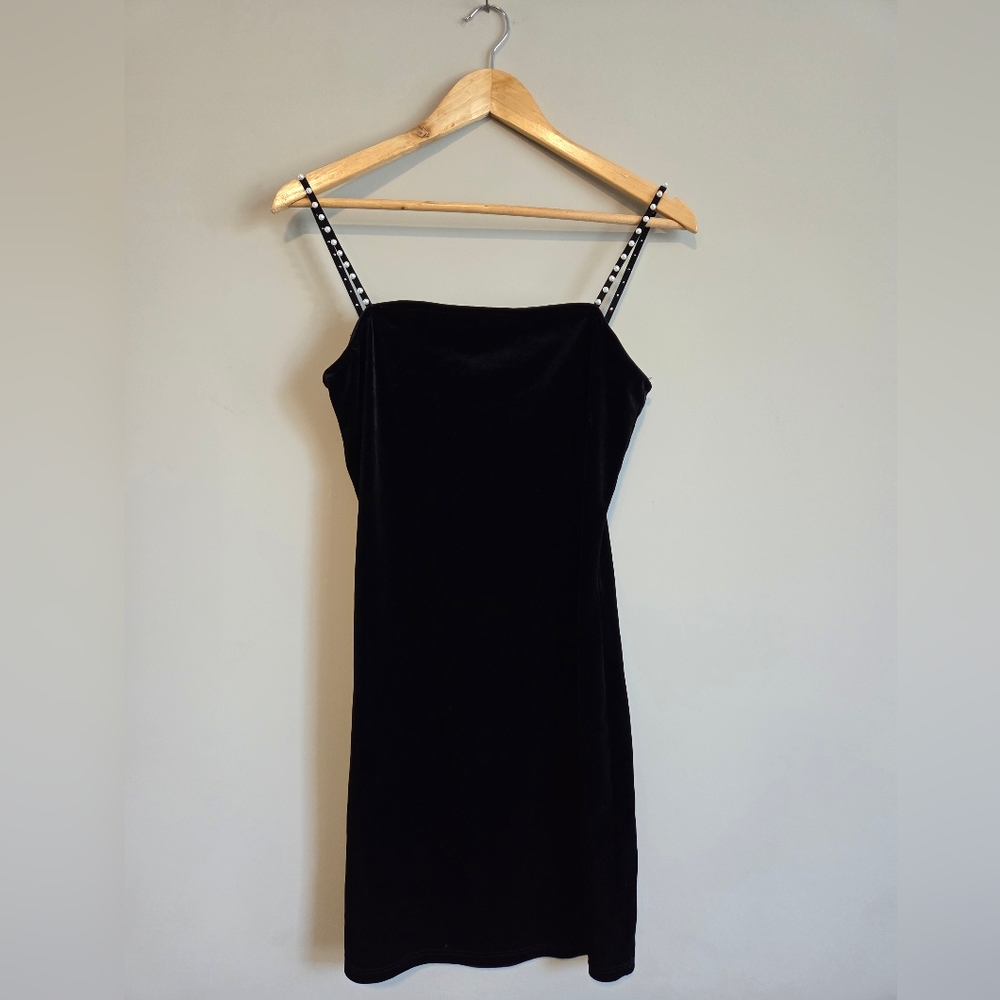 Shasa Velvet Velour Black Dress Pearl Straps Nightout Datenight Valentines LBD